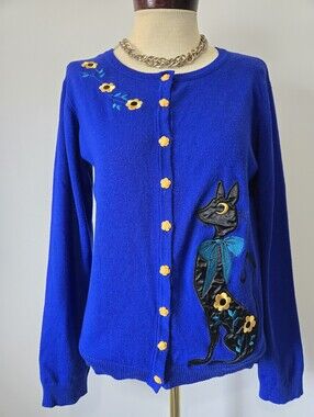VOODOO VIXEN Black Cat Royal Blue Cardigan With Flowets. Size XXL